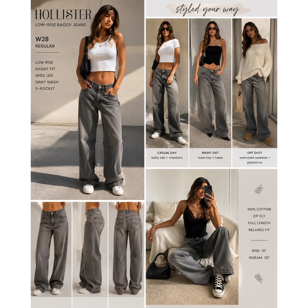 Hollister 28 Low Rise Baggy Jeans Gray Charcoal Wide Leg Y2K